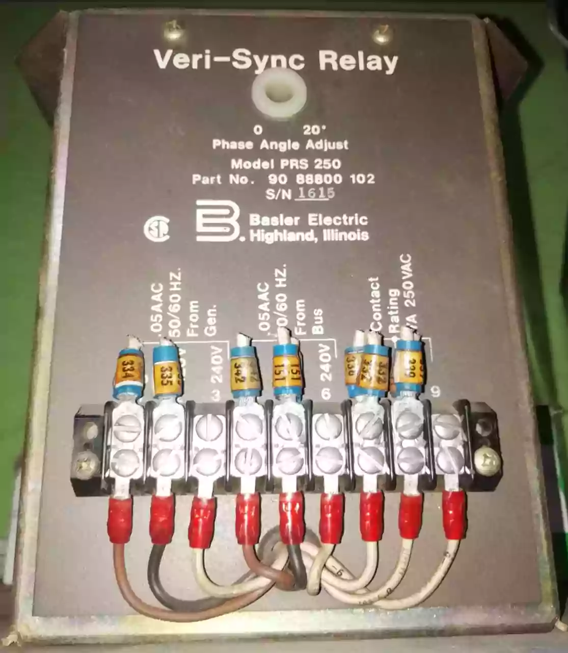Veri-Sync Relay. Model: PRS 250 Part N. 90 88800 102 S/N 1615 Basler Electric Highland, Illinois PB